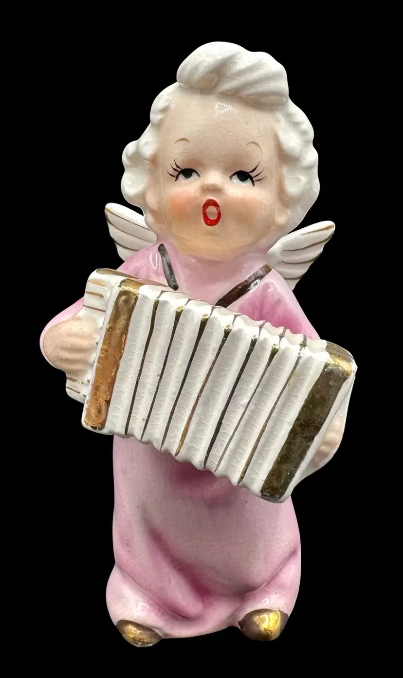 Vintage Nippon Yoko Boeki Co Japan Angel Figurine Accordian Instrument Pink 4.5”