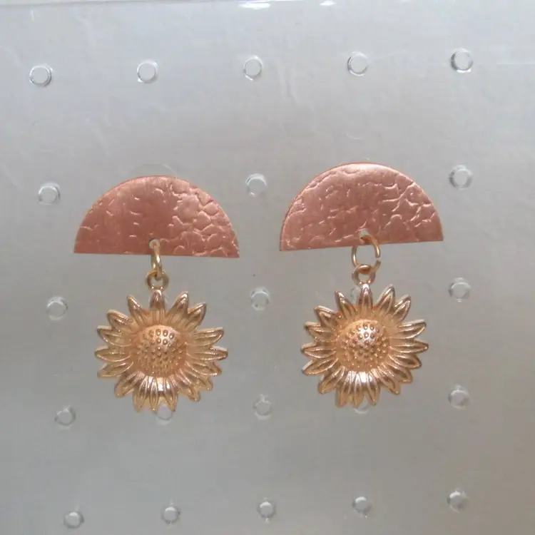 Vintage hammered copper with sun charm earrings