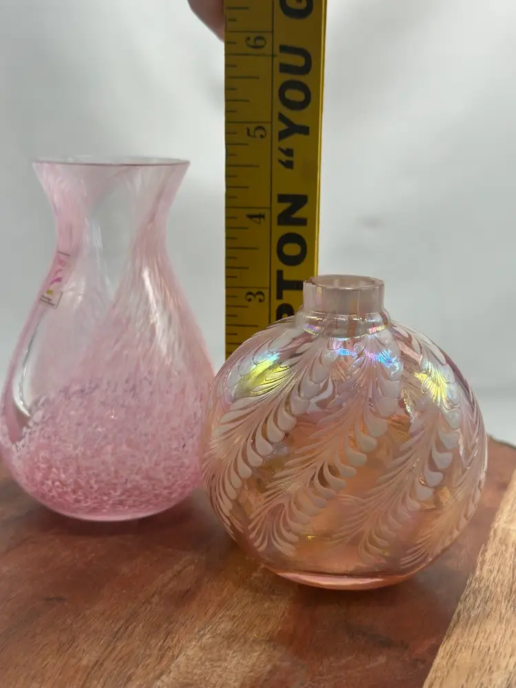 Art Glass Pink Luster Pulled Feather & Caithness Pink Swirl Small Vase