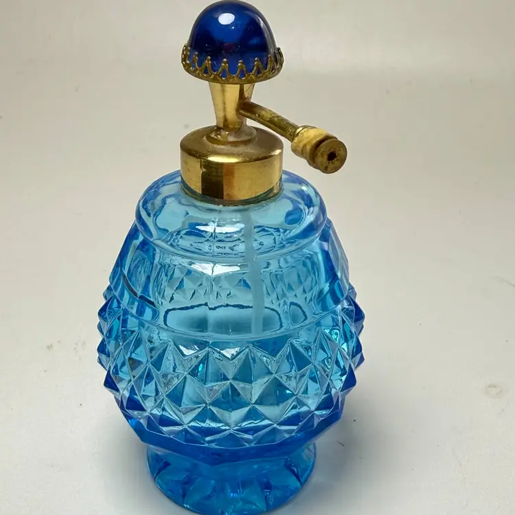 Vintage Irice Blue Diamond Pressed Glass Perfume Bottle Jewel Jellybean Finial