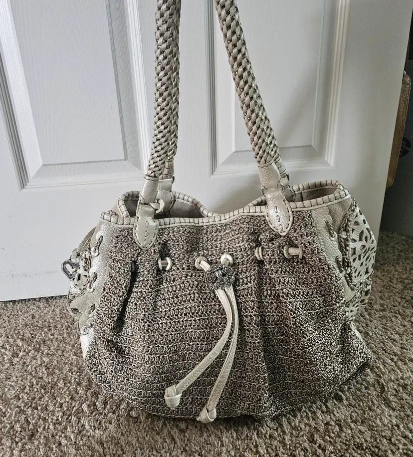 Brighton IRINA Crocheted Purse Pearl White Leather Cutout Lace Tote Embossed
