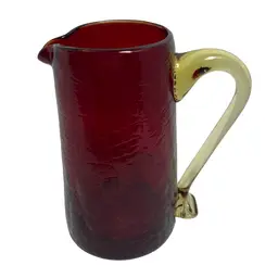 Red Blown Glass Creamer With Amber applied Handle. Small Pitcher. Crinkled Texture 
3 3/4” Tall