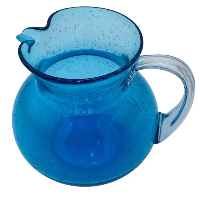 Hand-Blown Azure Blue Glass Pitcher w/Seed Bubbles and Applied Clear Handle
