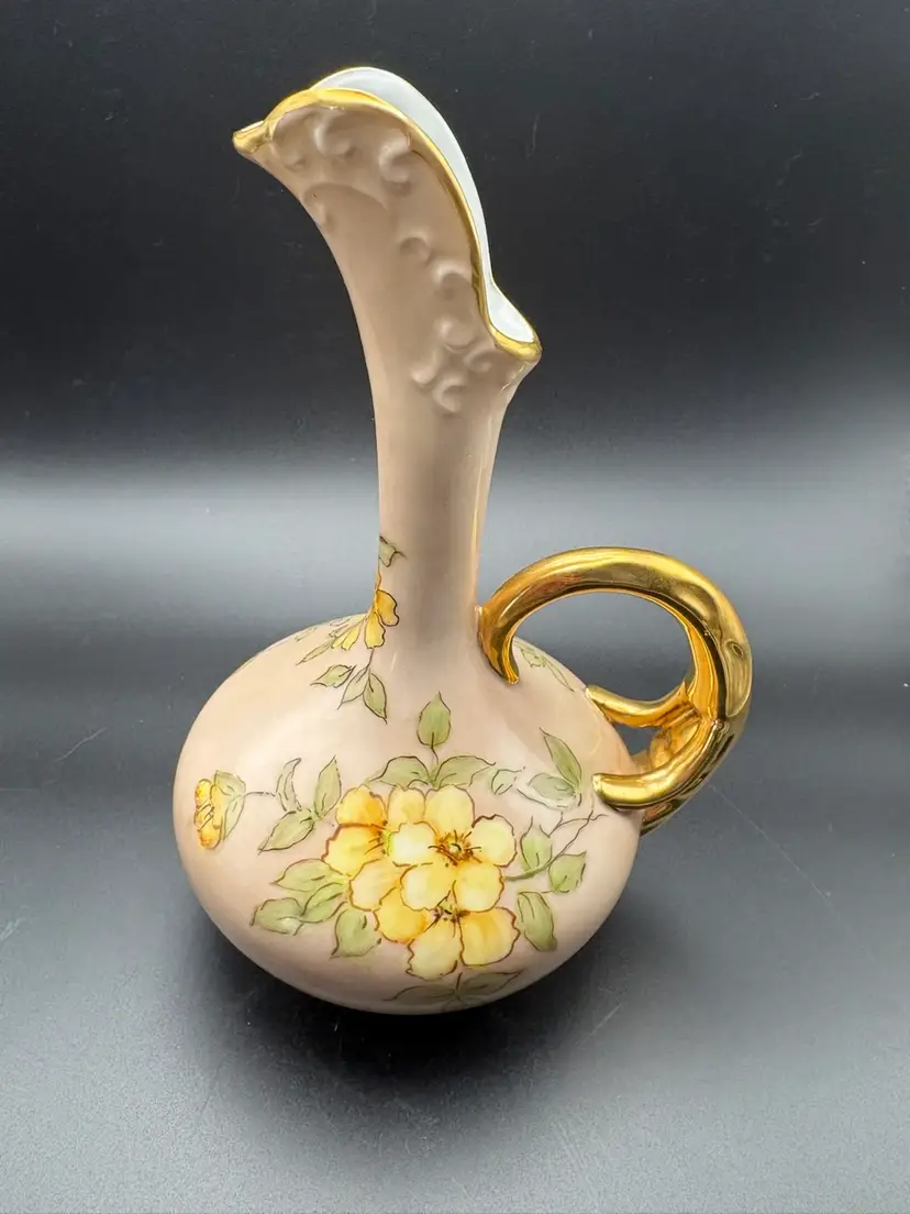 Antique 7.5” Art Nouveau “Blush Ivory” Ewer - Ornate Gold Handle