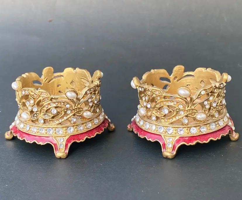VTG Ornate Candle Holders by Two's Co. Austrian Crystals Faux Pearls Gold Tone Brass