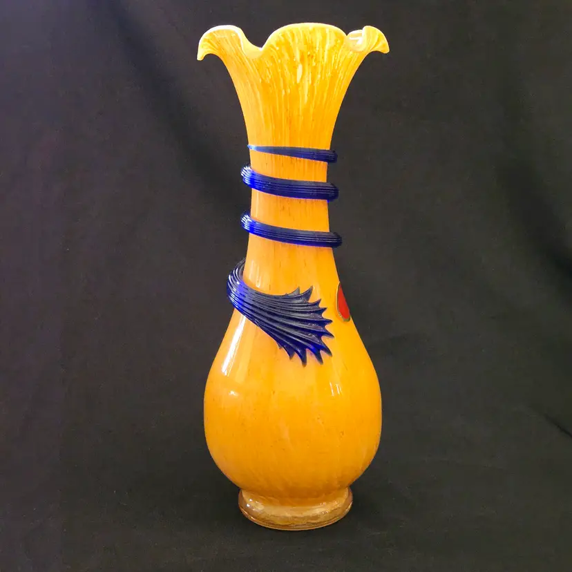 Art Glass Vase Hand Blown Ruffled Top Applied Blue Design Original Sticker Vintage