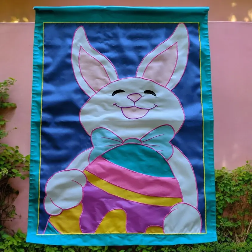 Easter Bunny w/ Egg Spring Embroidered Double Sided Flag Blue Green Pink Purple