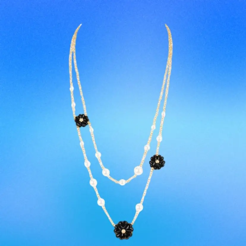 Talbots Fall Bloom Black Flower & Glass Pearl GoldTone Chain Necklace, NWT