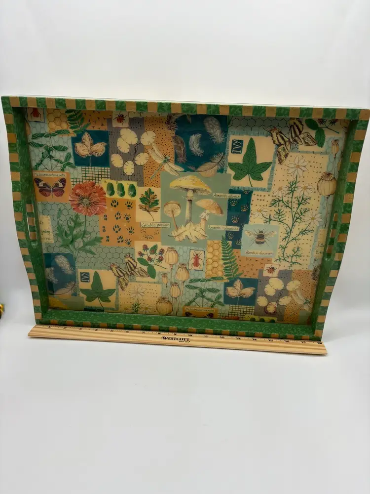 Vintage Botanical Print Decoupage Serving Tray Decor Green