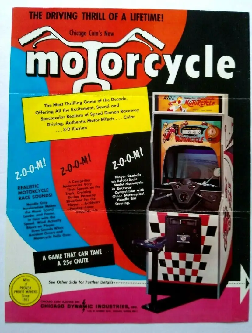 #01 Motorcycle Arcade FLYER Chicago Coin 1970 Original Cycle Race Driving Game Art