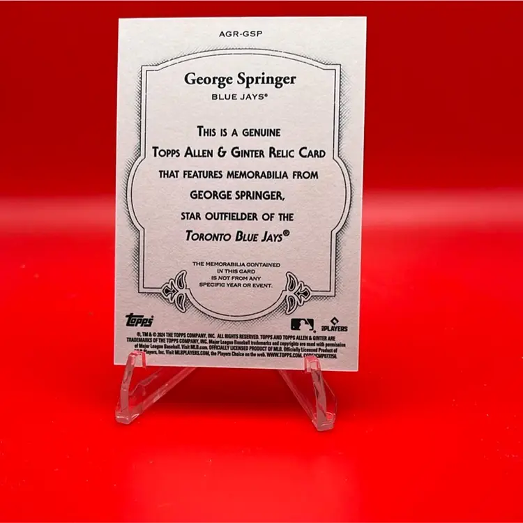 George Springer 2024 Topps Allen & Ginter Full Size Relic Toronto Blue Jays