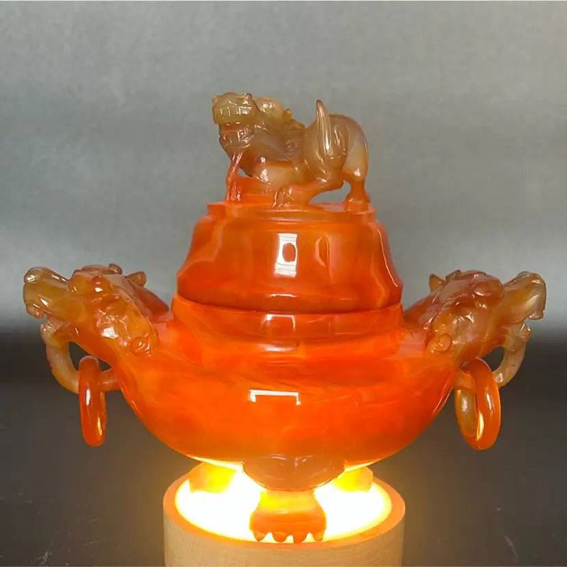 Hand Carved Carnelian Stone Jar With Lid And Jump Rings