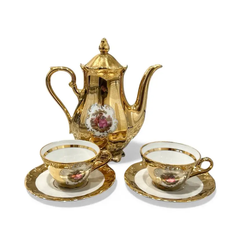Vintage Gold Gilded Bavaria Coffee Pot And 2 Cups And Saucers