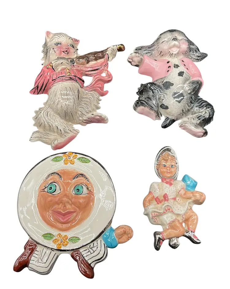 Vtg Hand-Painted Hey Diddle Diddle Wall Plaque Chalkware Nursery Rhymes Lot of 4