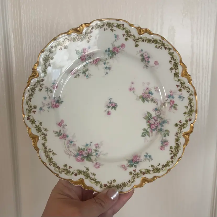 Vintage Haviland Limoges France Gold Edged Ivy & Rose Floral Porcelain Plate