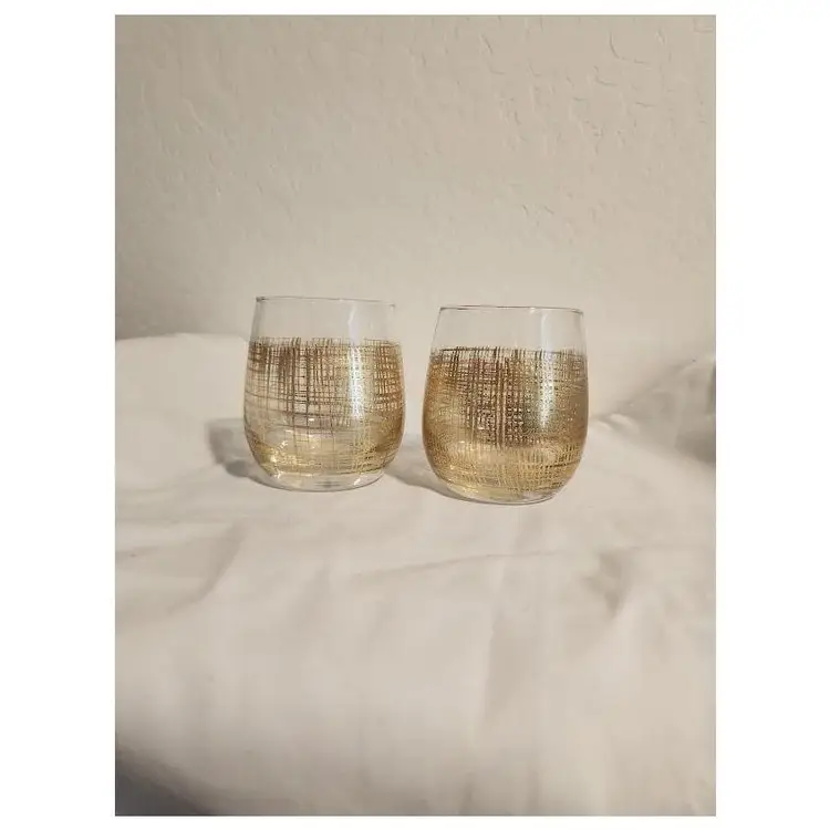 2 Decor MCM Barware Hand Painted Gold-Patterned Glass