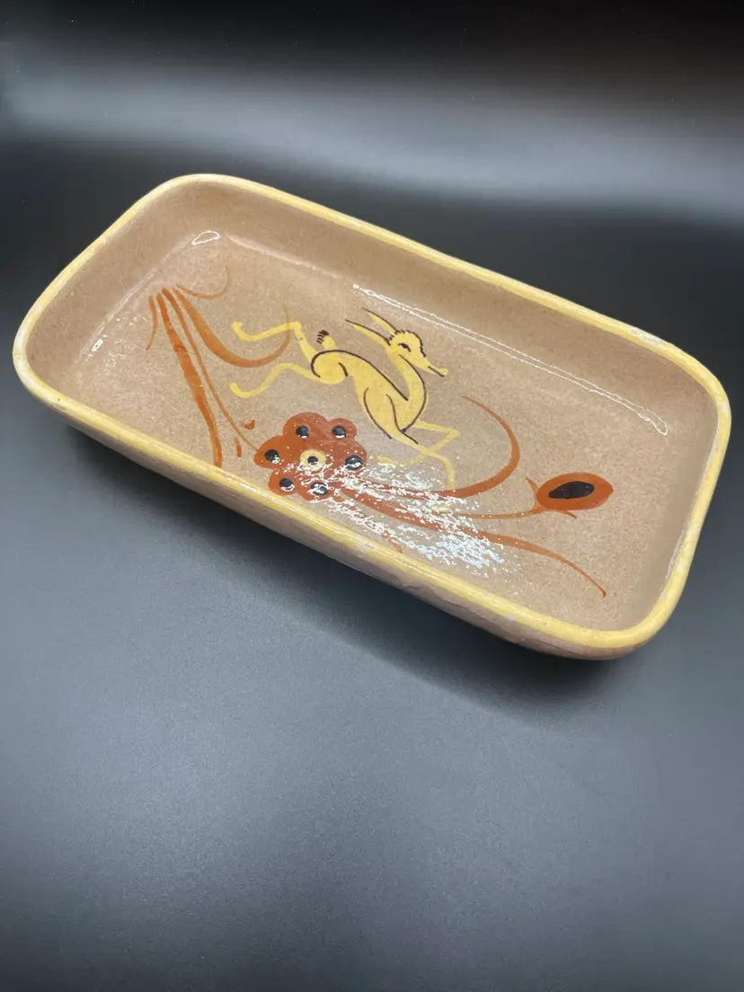 Vintage Tonala Pottery Rectangular Dish Tray Decorative Hand Painted Gazelle Floral Design Folk Art