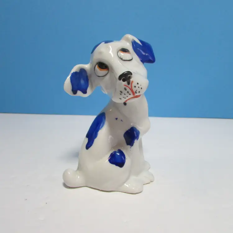 vintage white dog with blue spots ceramic sitting puppy ceramic incense burner figure