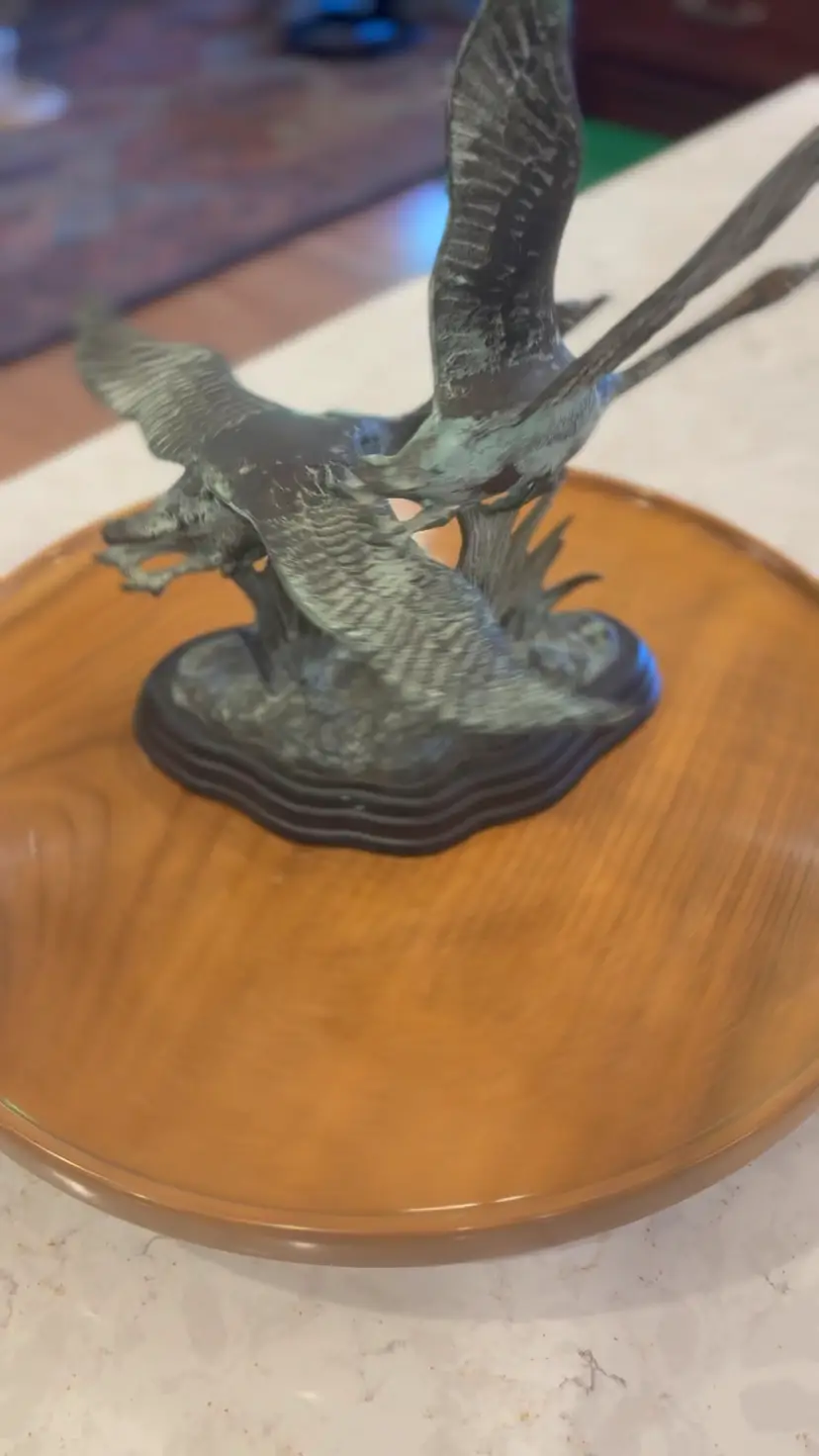 Vintage MCM Brass Cranes in Flight Sculpture – Pair on Wood