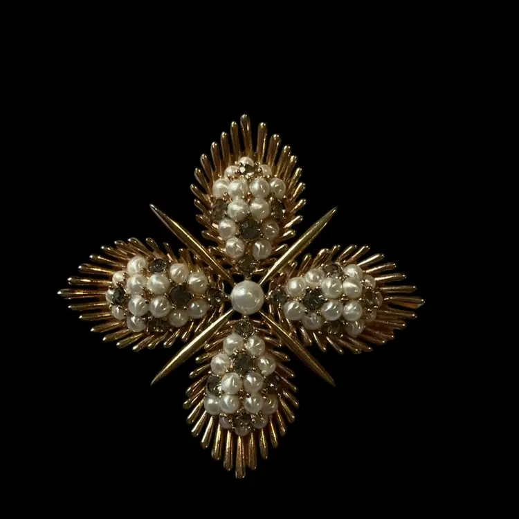 Vintage 1950s Goldtone Crown Trifari Maltese Faux Pearl Cross Brooch. Absolutely Gorgeous!!!! Very Rare Piece!!!