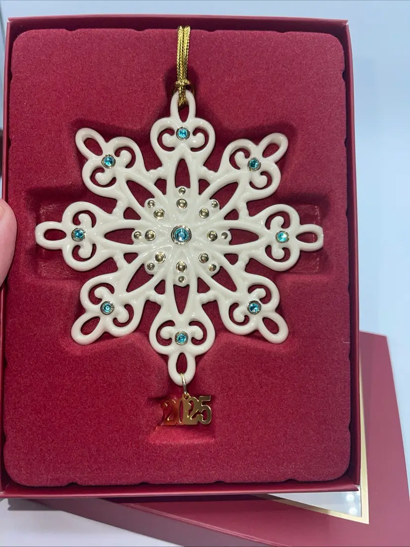 Ornament, 2025 Gemmed Snowflake Ornament, Porcelain with Gold Accents and Blue