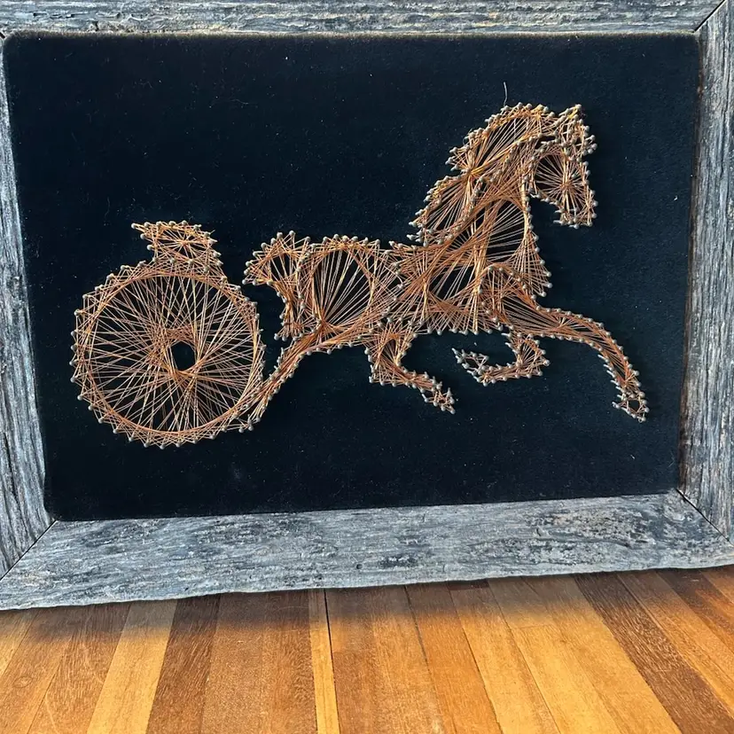 Copper Wire String Art Horse Carriage On Black Velvet Background With Barn board Frame 1970’s @20x16