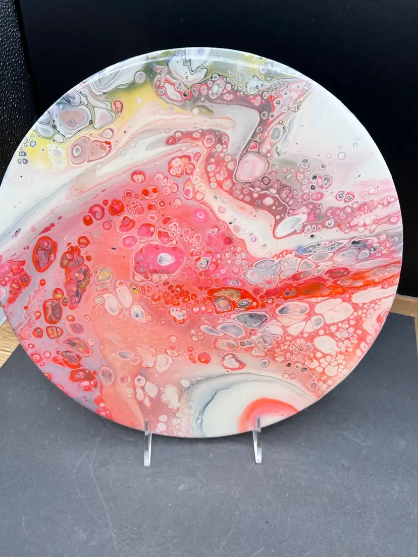 Original Artwork Acrylic Pour On 33 Record Resin Sealed. Earthy/Planetary Coral, Pinks And Yellow On White - Lots Of Cells