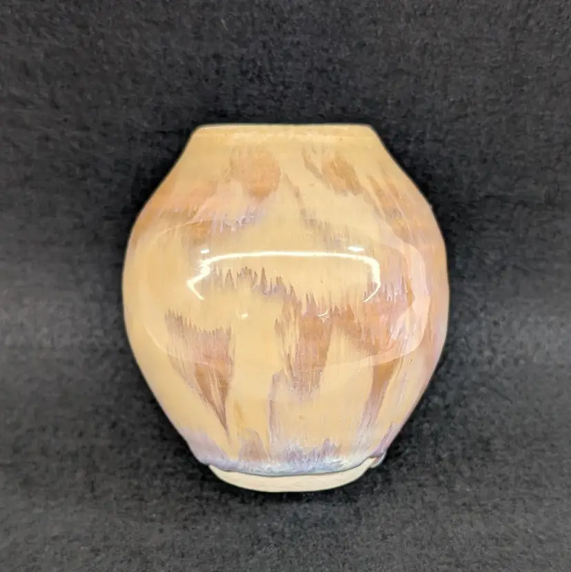 Studio Art Pottery Mini Vase Tan Purple Blue Drip Glaze Round Bulbous 3.5" Tall