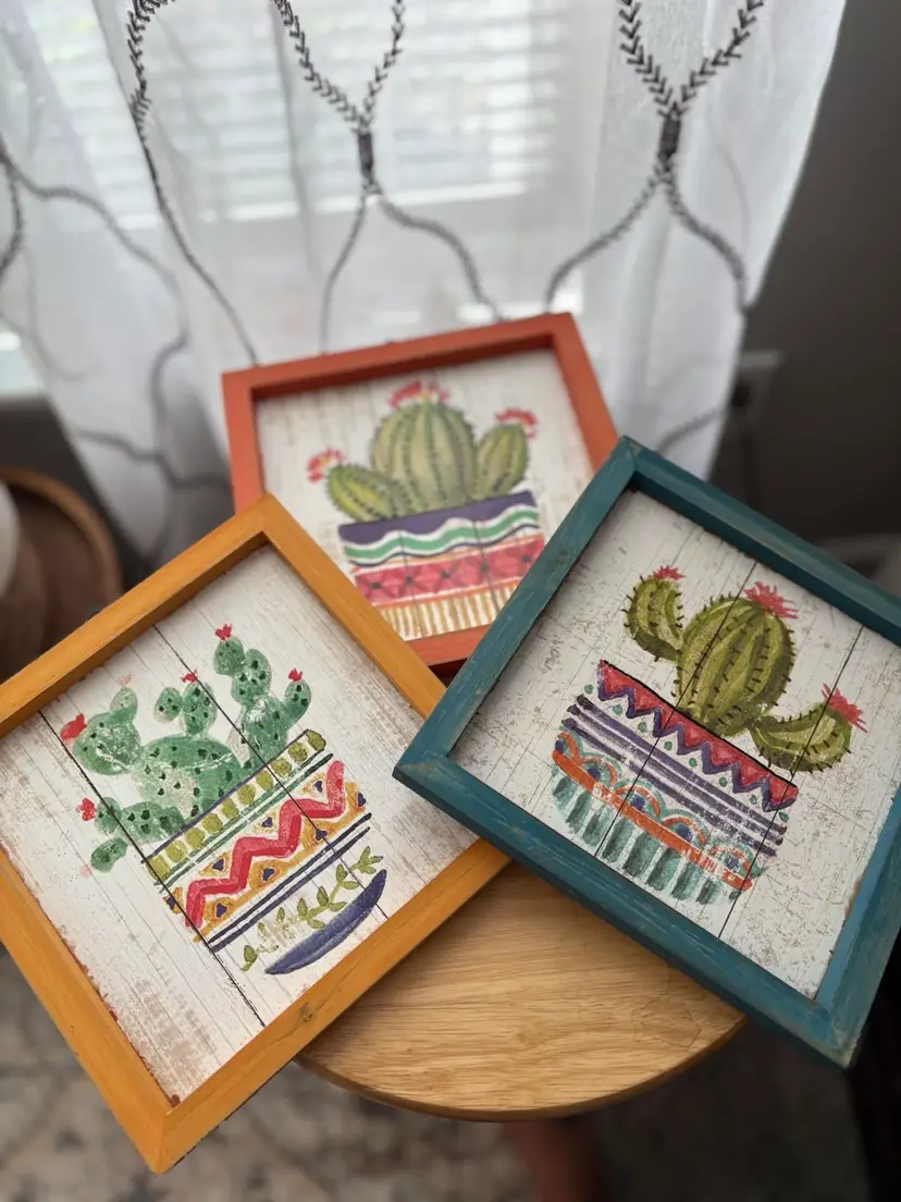 3 small, framed cactus painted art prints in distressed wooden colorful frames