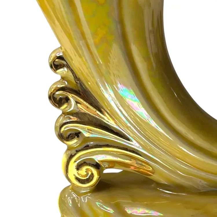 039 USA Yellow Guild Luster Cornucopia 22K Gold Vase 1950S 6" X 7"