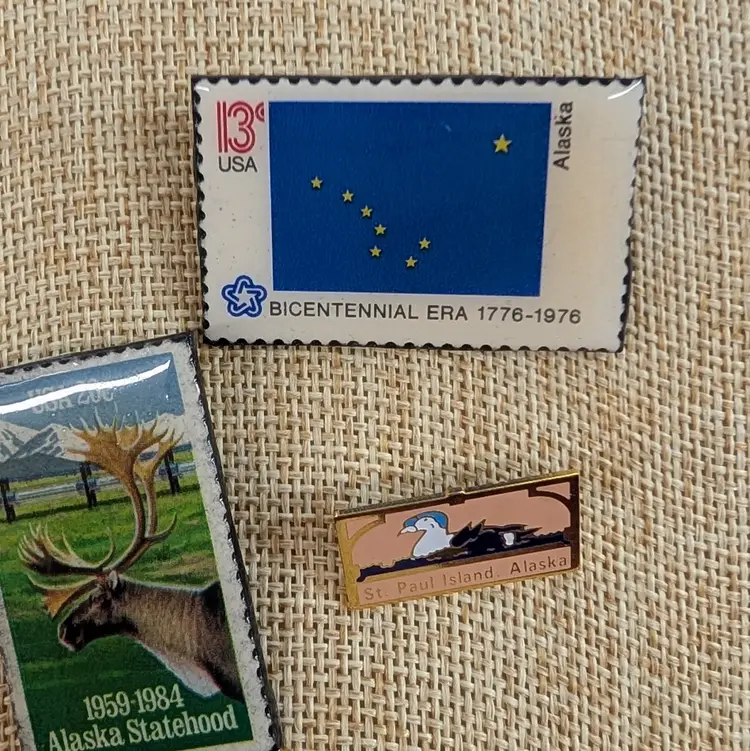 Vintage Alaska Stamp Collectible Pins Lot Statehood Bicentennial St Paul Island