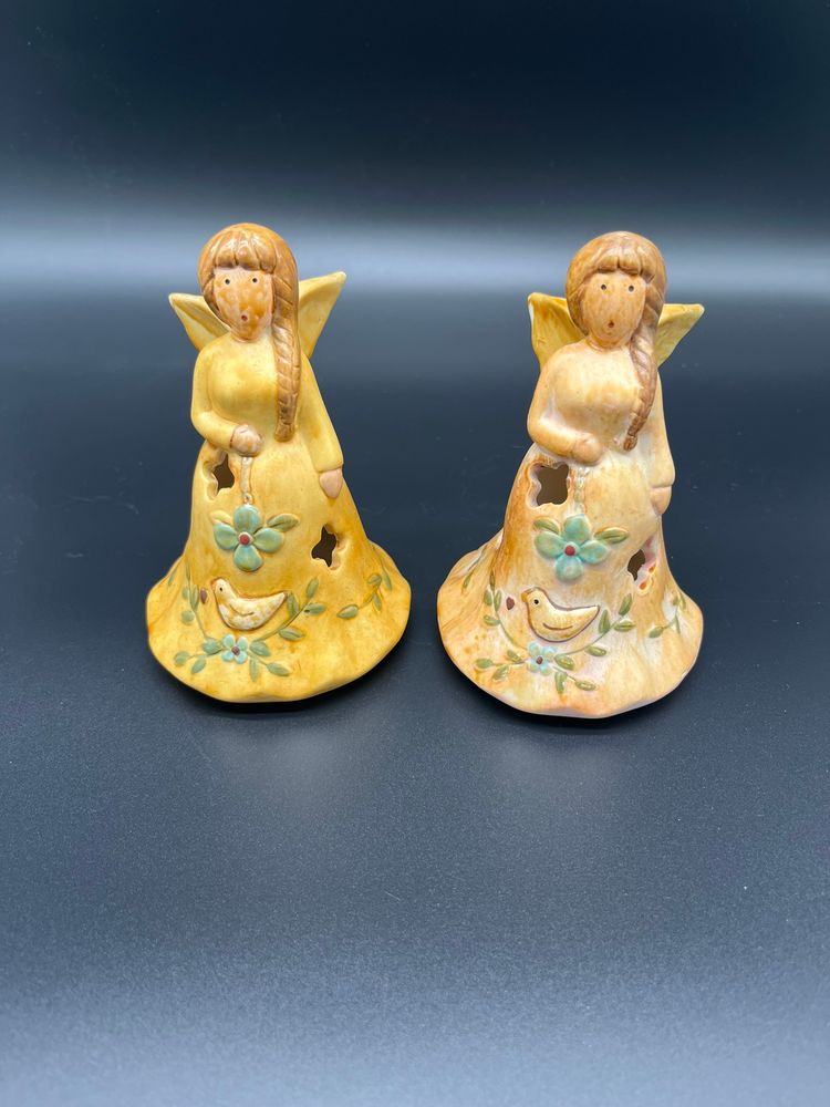 Vintage Ceramic Angel Votive Covers - Matching Pair with Star Cutouts, 5" Tall Christmas Luminaries