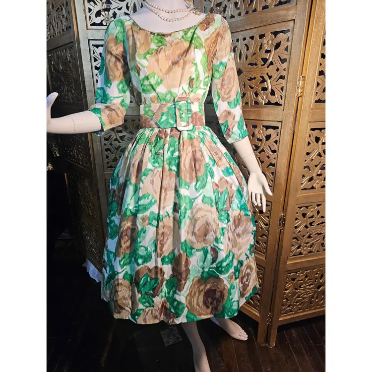 1950s Gigi Young NY Golden Watercolor Rose gown with matching belt