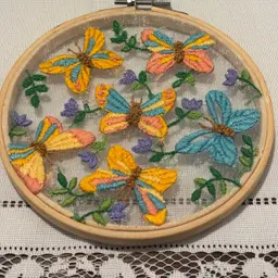 Hand Embroidered Raised Beautiful Butterflies Wood Hoop 6”