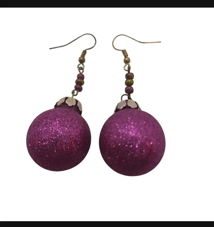 Christmas Ornament Earrings Fuchsia Sparkle Ball Iridescent Beads