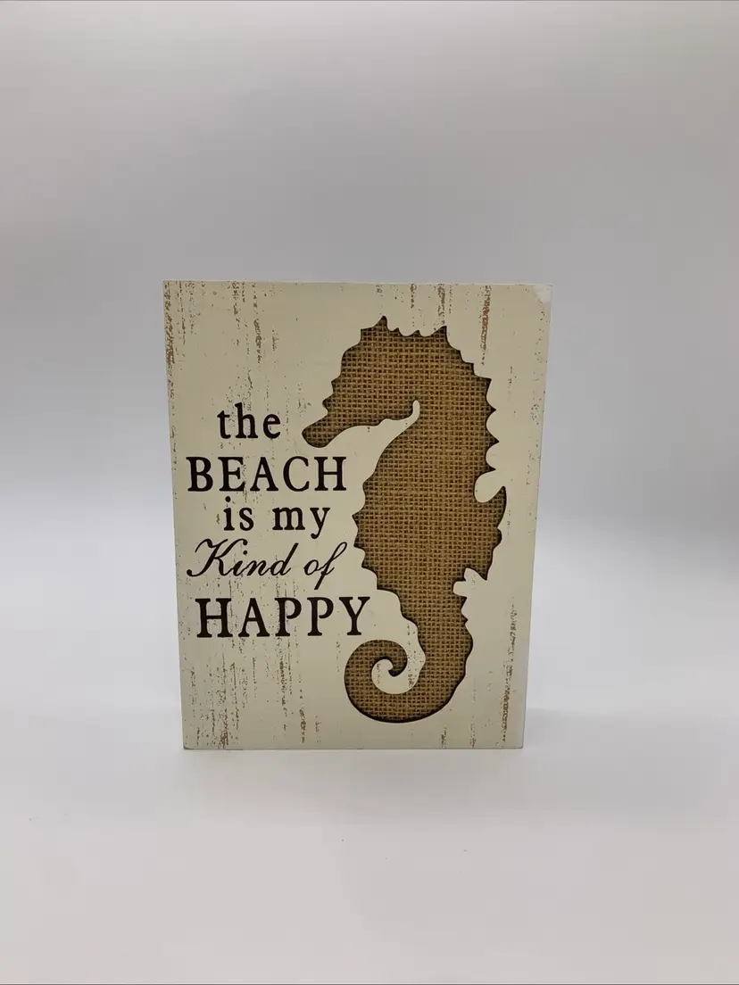 Beachy Cutout Burlap Seahorse Shelf Decor 8” X 6” The Beach Is My Kind Of Happy