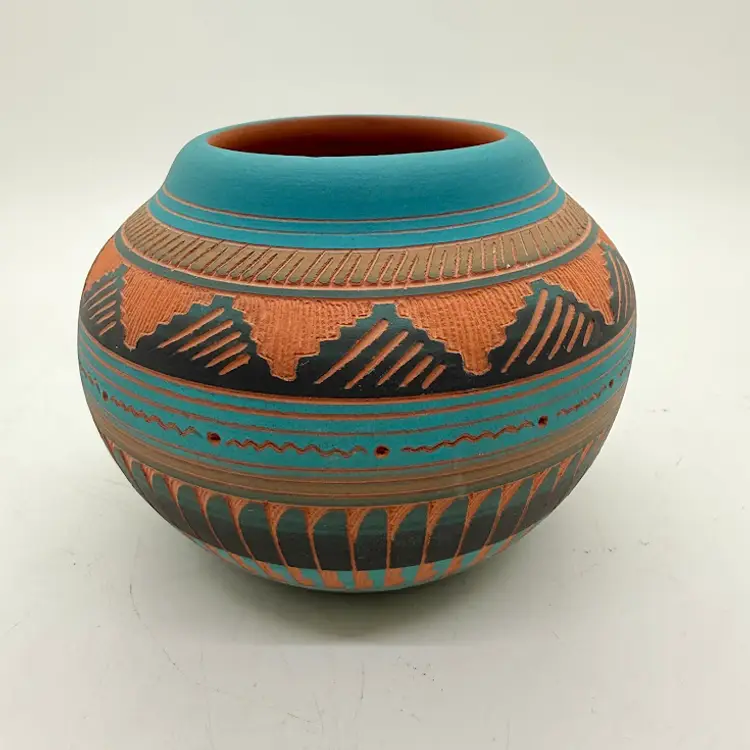 Susie Charlie Navajo Dine Pottery Etched Vase Bowl Teal Terracotta Signed 3x4”