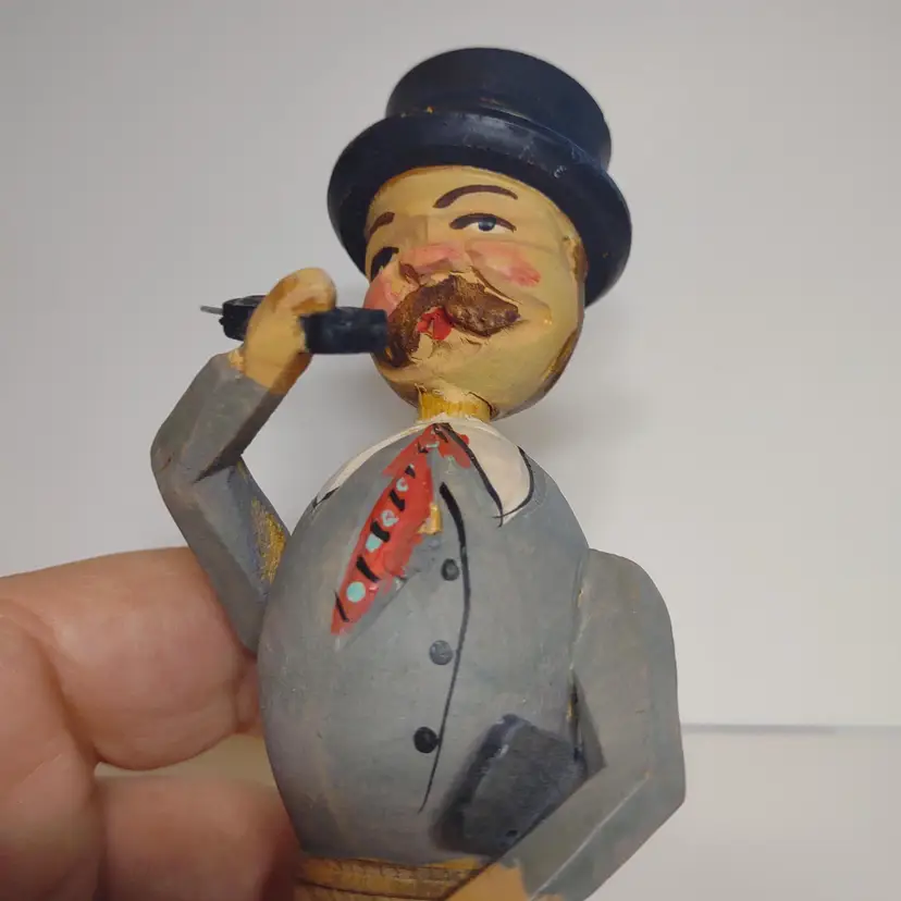 ANRI Phone Call Man Bottle Stopper Wood Carved Puppet Barware Vintage Mechanical