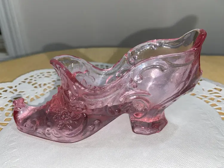 Mosser Glass Slipper Shoe Pink Floral Art Glass Victorian Curled Toe Witch