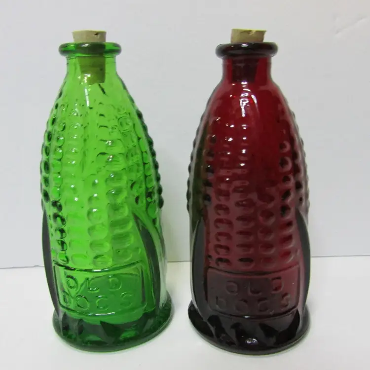 vintage set of 2 mini apothecary bottles Old Doc's Cure corn shape glass bottle red and green Wheaton