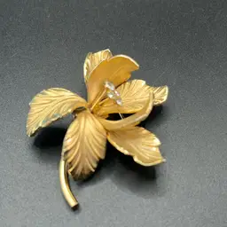 Exquisite, Gold Tone Orchid Brooch, Rhinestones, 2 1/4” Long