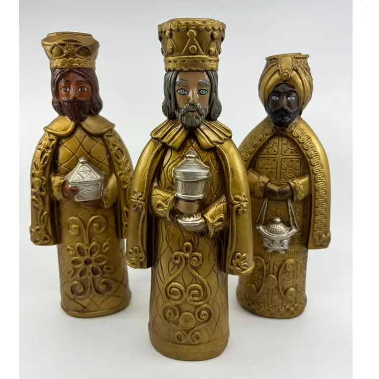 Mid Century Paper Mache Goldtone Wise Men Candle Holder Set 10.5”