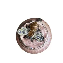 Bee Topped Pink Enamel Heavy Trinket Box Cream Enamel Inside 1.25” T X2” W