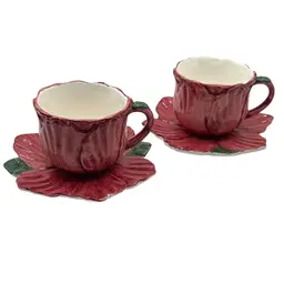 Pair of Vintage Bombay Company Tulip Flower Cup & Saucers In Red