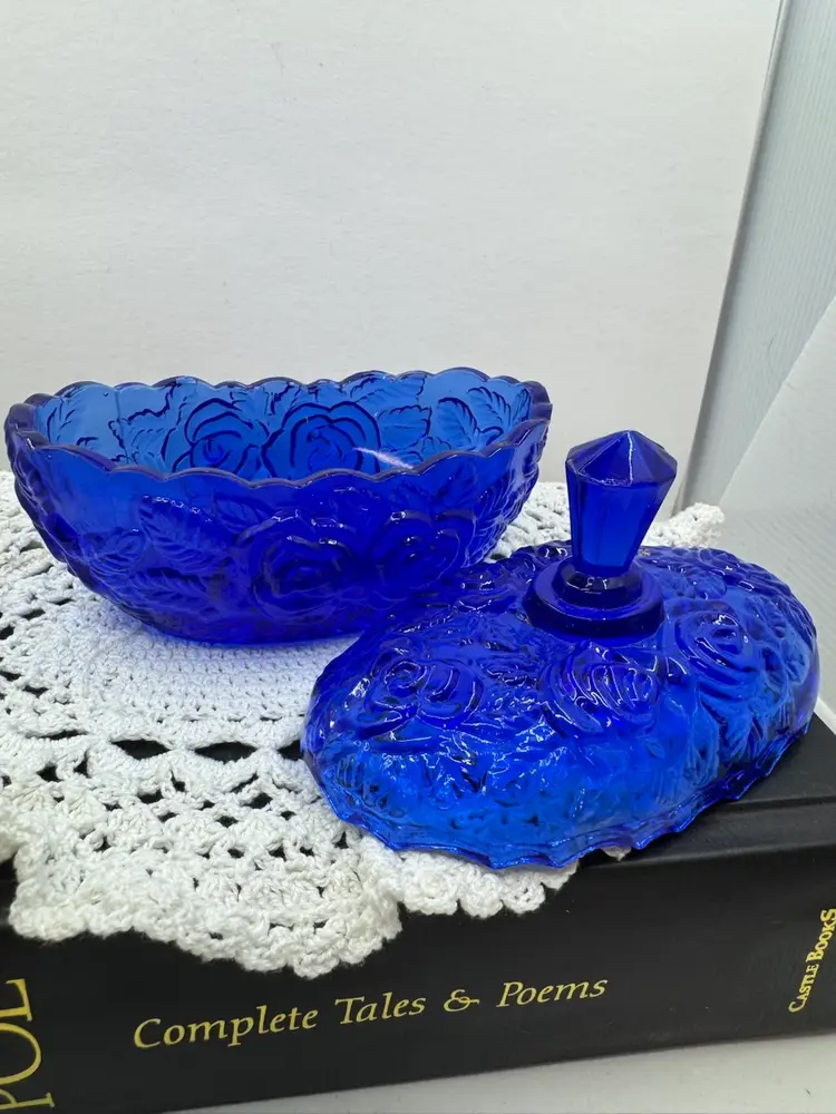 Cobalt blue pressed glass candy dish with embossed rose pattern and lid, 6”x 5” Tall, Chip On Lid- See Pic
