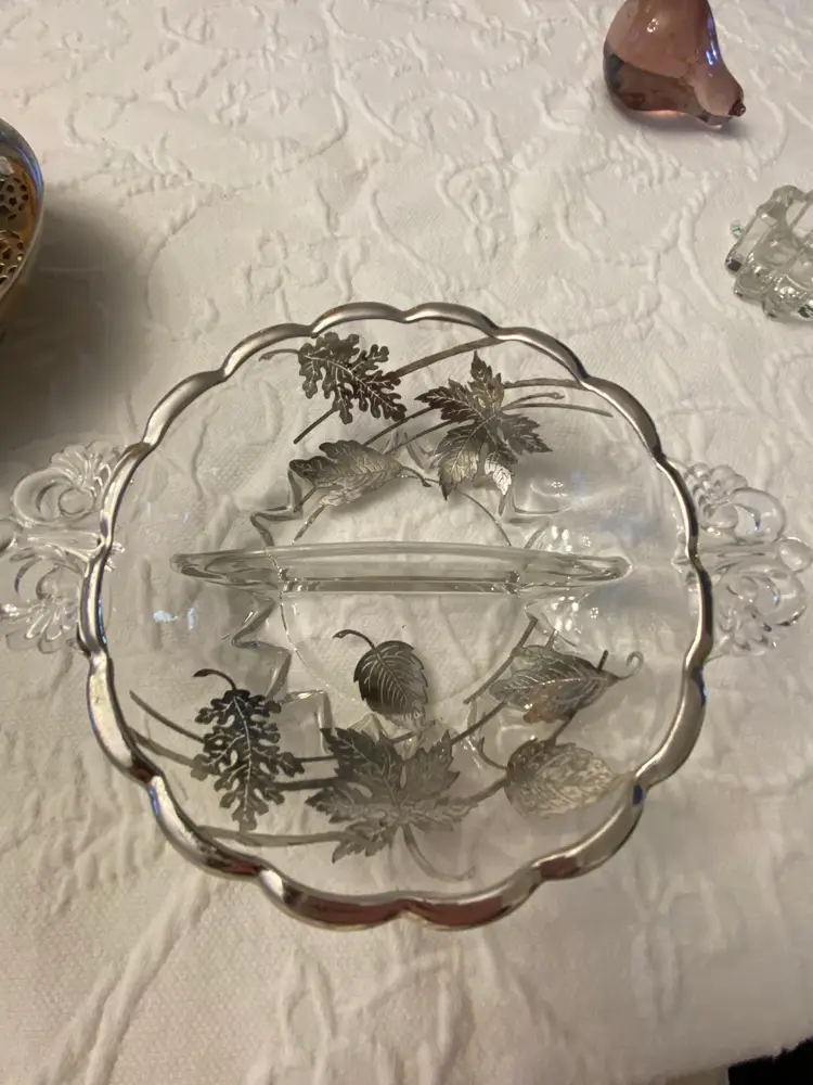 SILVER CITY GLASS COMPANY FLORAL SILVER OVERLAY RELISH DISH