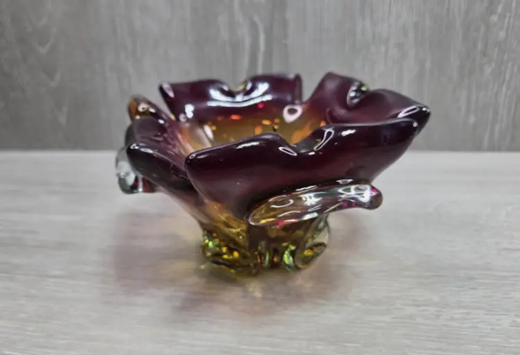 MCM Murano Green and Purple Multi-Color Glass Bowl Dish Ashtray Heavy