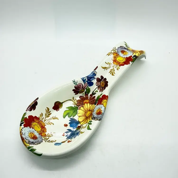 Mackenzie-Childs Metal Enamel Spoon Rest White Flower Market Floral Spring 8.25"