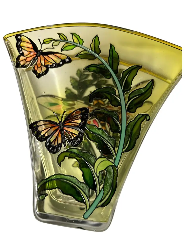 Vintage Amia Studios Hand Painted Art Glass Vase - Butterflies & Dragonfly Vase