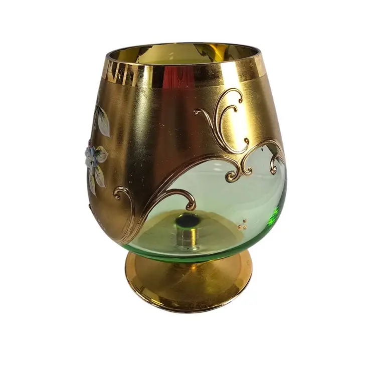 Vintage Small Bohemian Glass Brandy Snifter Green Glass Heavy Gold Raised Flowers